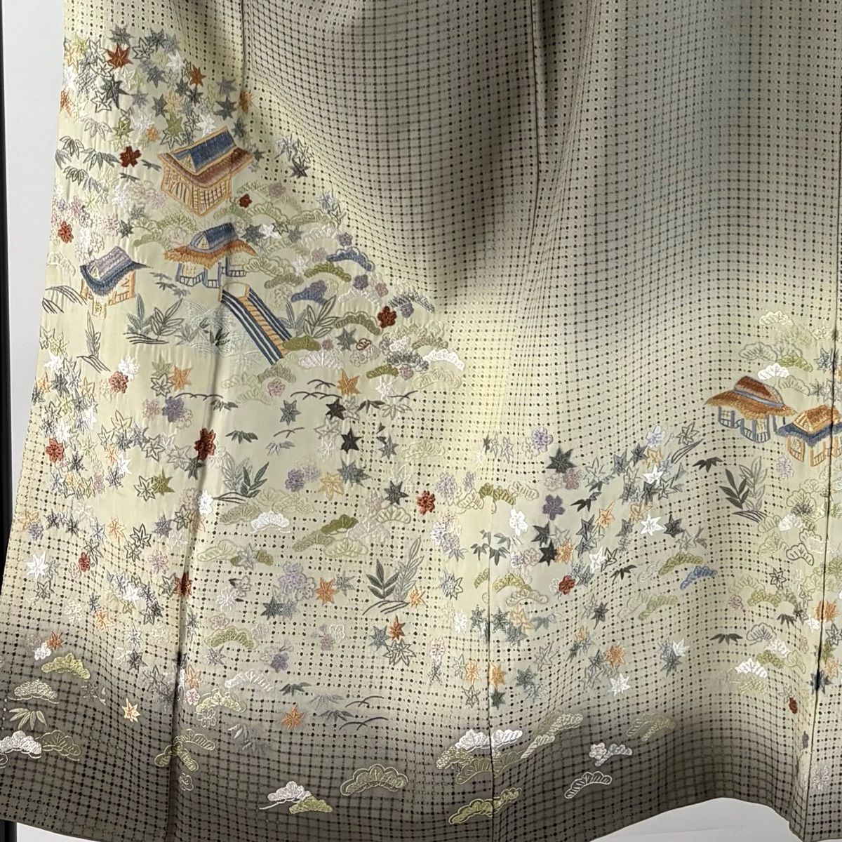 訪問着 身丈150.5cm 裄丈65cm M 袷 家屋 松竹梅 刺繍 金糸 茶緑色 正絹