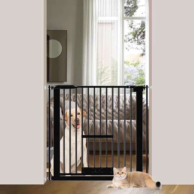 【在庫処分】Seogva ペットゲート 3.5cm柵間隔 ペットドア付き 高さ78cm ペットゲート 犬 猫 ゲート ブラック ホワイト 猫用ゲート 過密フレーム付き 猫 ゲート 犬すり抜け防止フェンス つっぱり