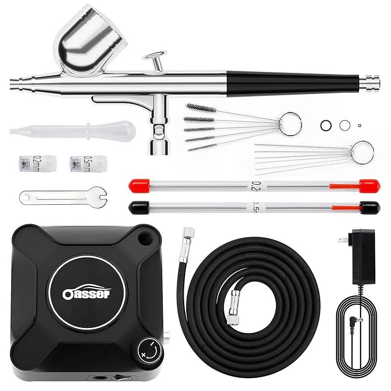 Oasser エアブラシ セット ミニコンプレッサー ダブルアクション 無段階圧力制御タイプ2-36PSI調節 プラモデルの塗装 ボディーアート 塗装用具 持ち運びやすい 初心者向け ノズル口径0.2mm 0.3mm 0.5mm 36PSI 0