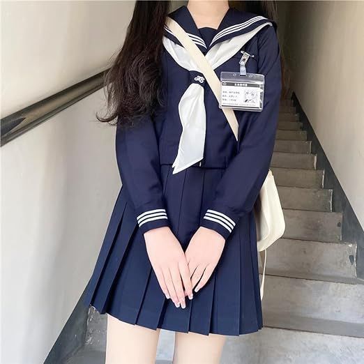 セーラー服 紺色 女子高生 3点セット ハロウィン 仮装 JK 制服 コスチューム 長袖 前開き 上下セット プリーツスカート 人気 女子制服 本格制服 紺三本 文化祭 卒業式 清純 可愛い ネイビー OIea129