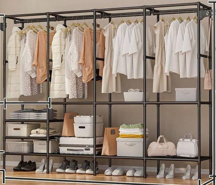 洋服ラック ハンガーラック大容量 寝室用スタンディング収納ラック 組み立て簡単 バイポーラレイヤー - サイド棚付き ブラック 4列