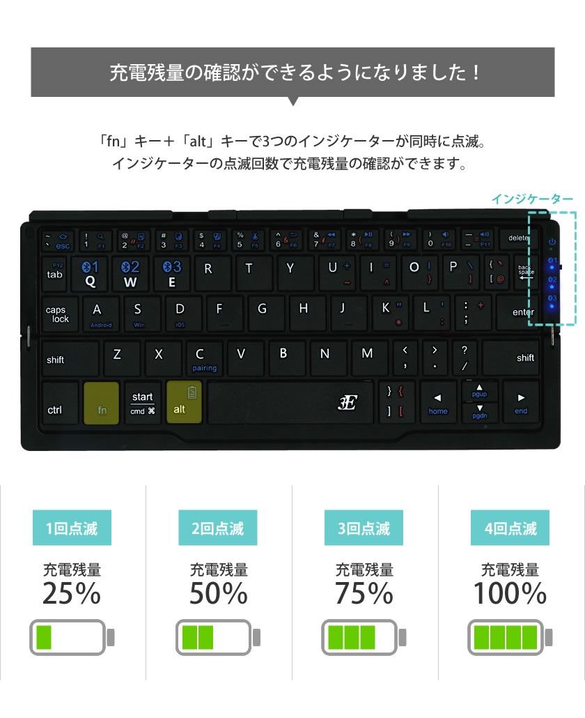 Bluetoothキーボード 折りたたみ式 二つ折り スタンド一体型 軽量 薄型