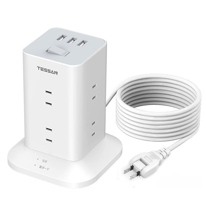 電源タップ タワー 延長コード 5m 8個AC コンセント 3USBポート付き 180スイングプラグ TESSAN 延長コンセント 雷ガード マルチタップ 蛸足コンセント タコ足配線 テーブルタップ oaタップ mini型 0
