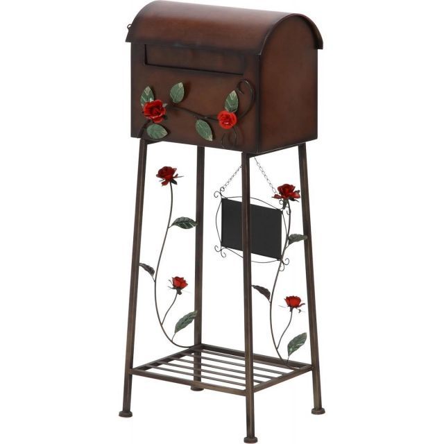 不二貿易 郵便ポスト メールボックス 郵便受け ポスト ローズ ブラウン アンティーク風 棚付き 黒板付き 横型 スチール 96761