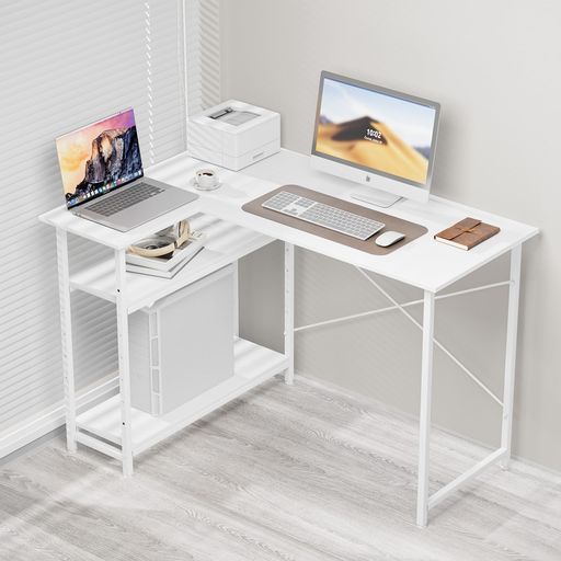 MIYOKIL字デスクパソコンデスク幅110x奥行48x高さ75cm左右入替え l字型コーナーゲーミング収納ラック付き棚板高さ調節可テレワーク在宅勤務学習机省スペースワークスペースラック付き…