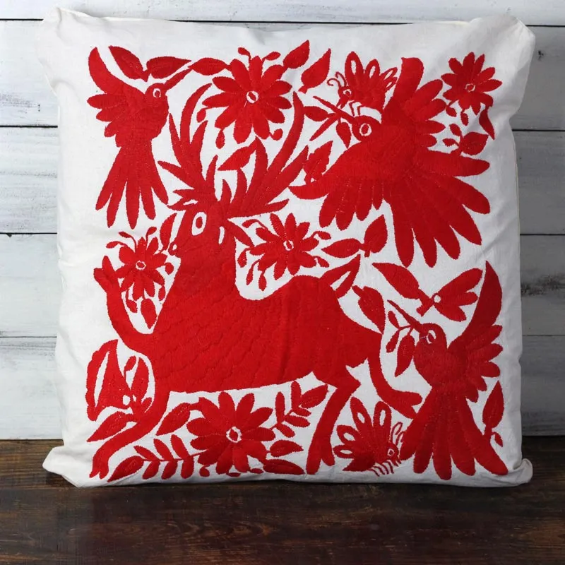 新品＊クッションカバー＊オトミ刺繍＊赤＊レッド＊動物＊花＊植物＊メキシコ雑貨 新品＊クッションカバー＊オトミ刺繍＊赤＊レッド＊動物＊花＊