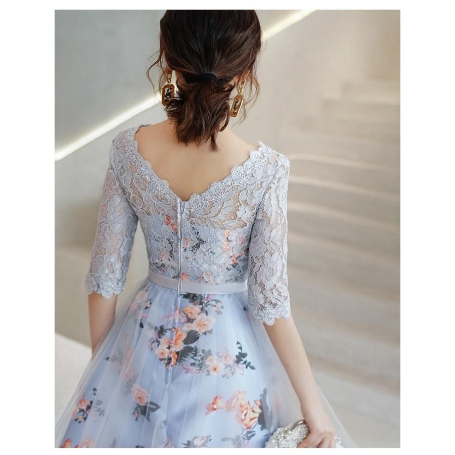 パーティードレス 結婚式 ドレス 袖あり ウェディングドレス レース 花