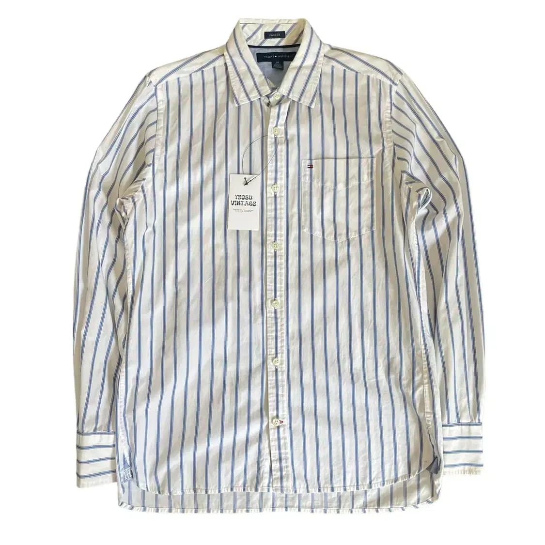 Tommy Hilfiger(トミーヒルフィガー) ホワイト-ブルー ストライプ 長袖 シャツ