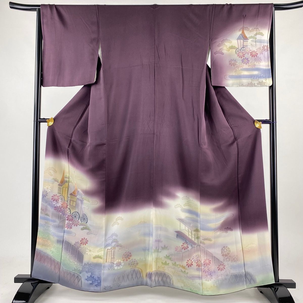 訪問着 身丈160cm 裄丈65cm M 袷 山鉾 菊 染め分け ぼかし 濃紫 正絹 名品