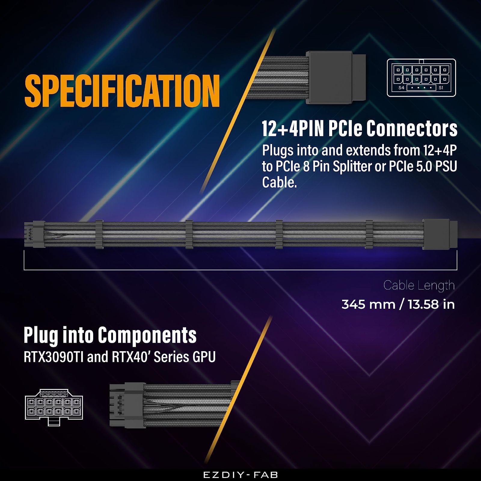 【数量限定】用、16AWG 4090 4080 30CM 3090Ti コネクタ、RTX ケーブル 5.0 PCIe 12VHPWR コーム付き (12+4) ピン - 延長スリーブケーブル、16 PSUケーブル 黒灰色 電源専用 EZDIY-FAB