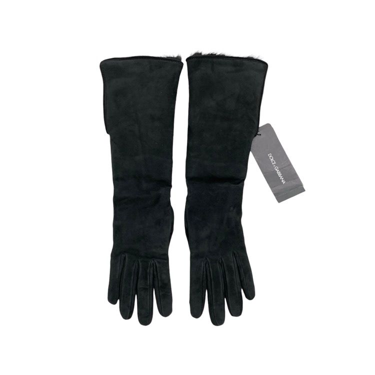 ♥品 Dolce-Gabbana ドルチェ&ガッバーナ ゴートレザー&ラムファーロンググローブ スエード ブラック 7