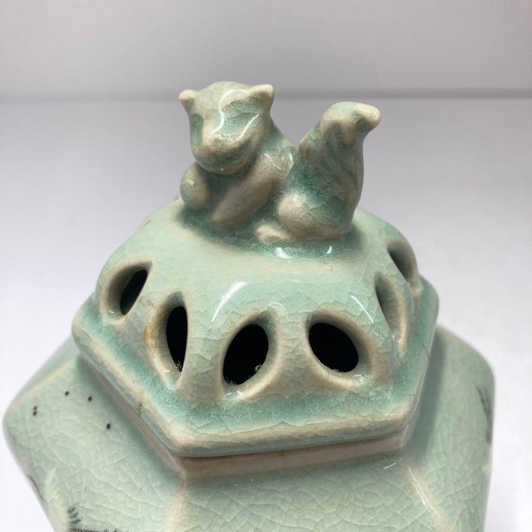 柳海剛在銘 青磁獅子香炉 高さ14㎝ 本Y5-0614