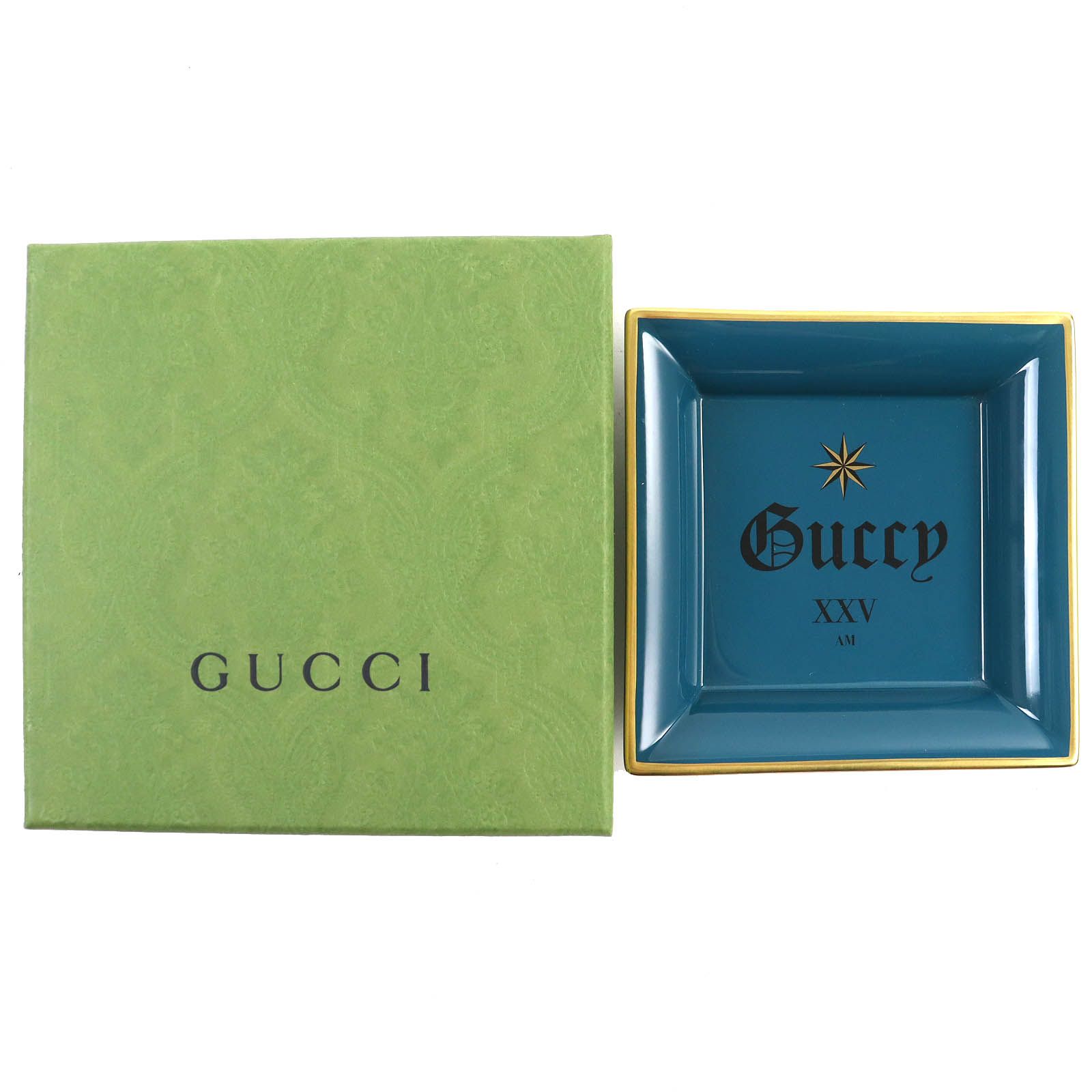 未使用品△GUCCI グッチ 696698 Guccy XXVプリント ポーセリン コイントレイ アクセサリートレイ 小物入れ 皿 ターコイズブルー 箱付き メンズ レディース オススメ◎