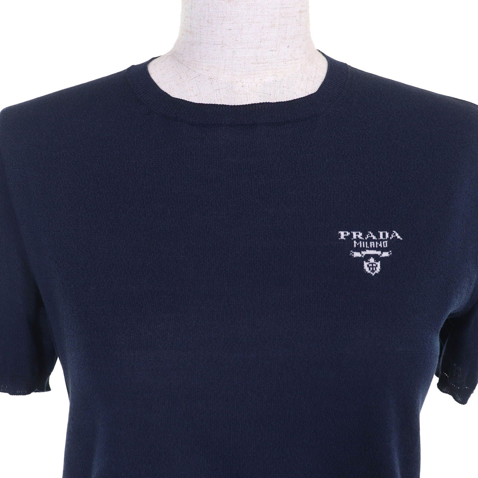 【美品】PRADA 紫 フリルネック 半袖ニット ウール シルク 美品△PRADA プラダ 2023年製 P2401L シルク コットン ロゴ