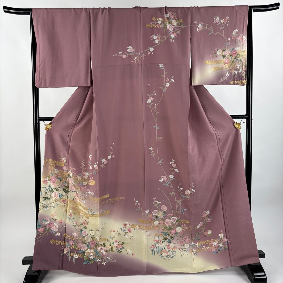 訪問着 身丈164.5cm 裄丈66cm M 袷 草花 ヱ霞 金彩 ぼかし 赤紫 正絹 秀品