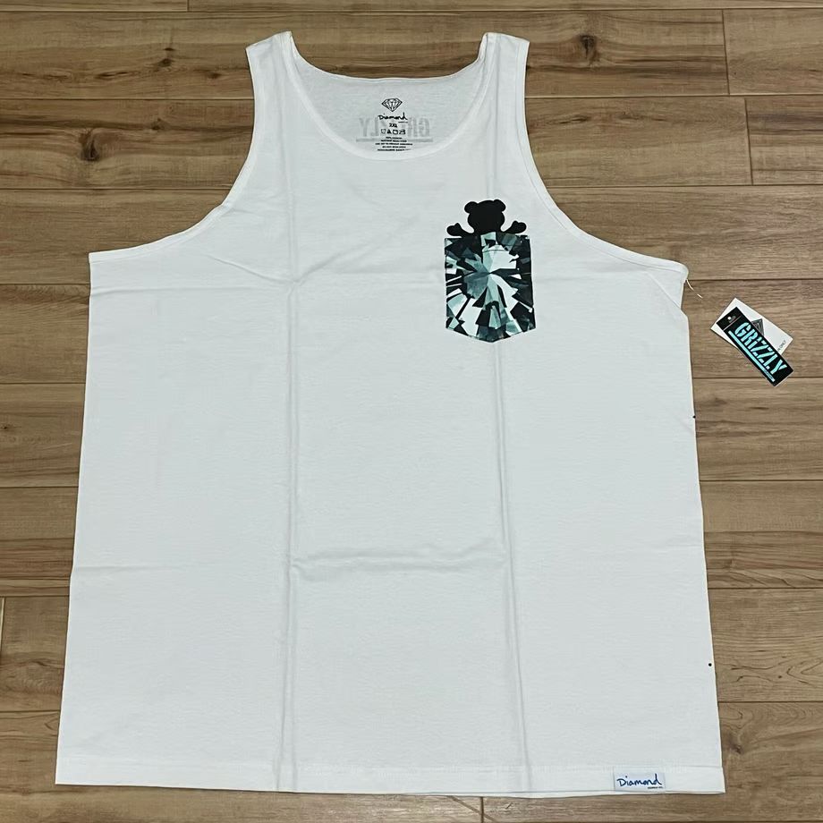 【2XL】 米国製 ダイヤモンドサプライ Diamond Supply Co タンクトップ 白 Grizzly グリズリー ポケット付