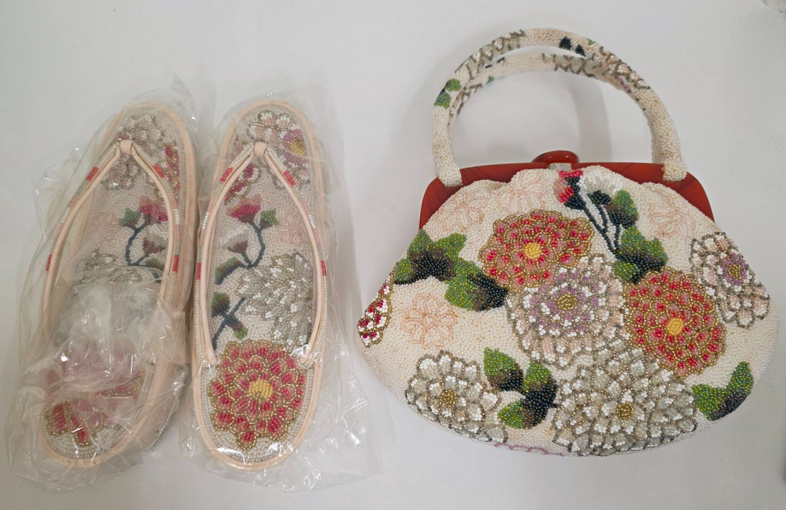 B-809 和装 ビーズバッグ&草履セット 花柄 ハンドバッグ 草履23cm 和装小物