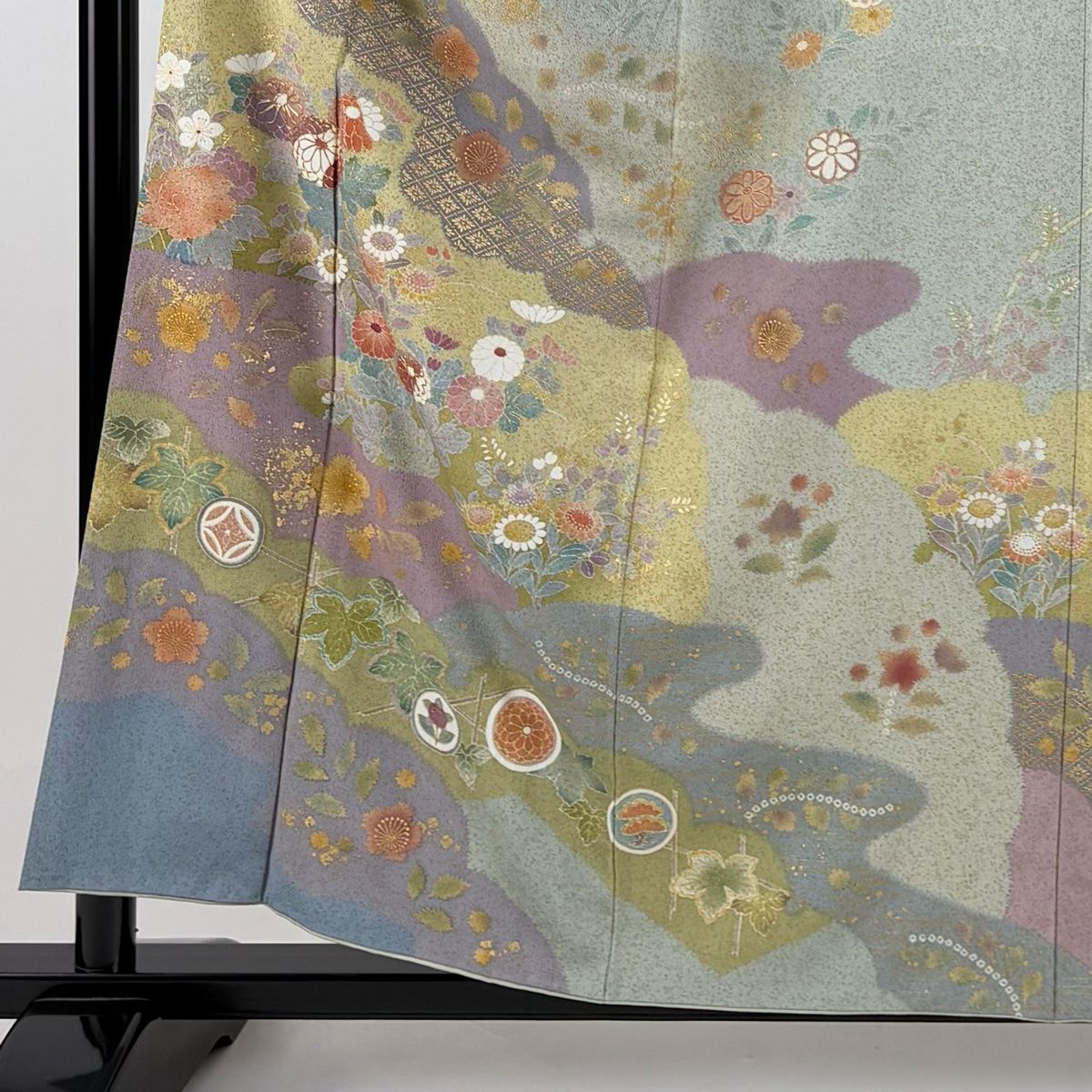 訪問着 身丈158cm 裄丈62cm S 袷 落款 菊 霞 金糸 金彩 薄緑 正絹 名品