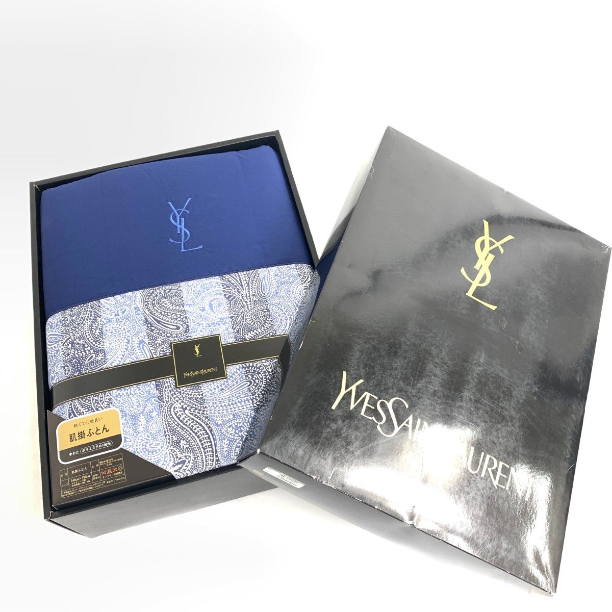 YvesSaintLaurent イヴサンローラン 肌掛け ふとん 140×190 ネイビー YSLロゴ ペイズリー柄 ヴィンテージ 240001138733