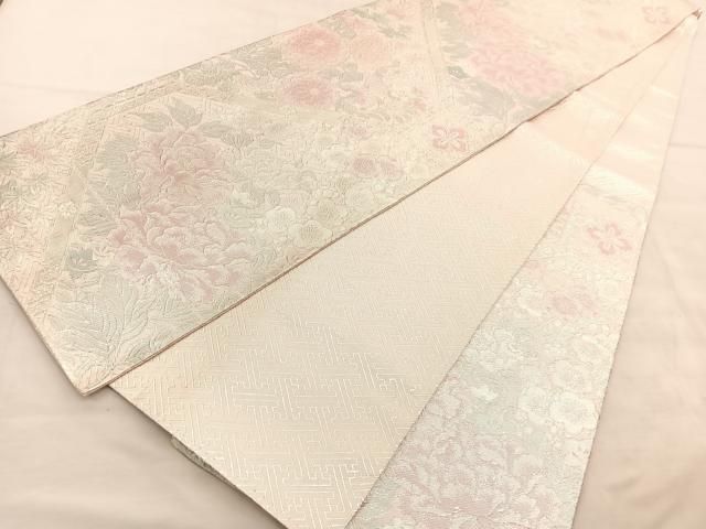 S1886】着物 袋帯 晴れ帯 六通 牡丹 銀糸 未仕立て 422㎝ 【30 S1886】着物 袋帯 晴れ帯 六通 牡丹 銀糸 未仕立て 422㎝ 【30