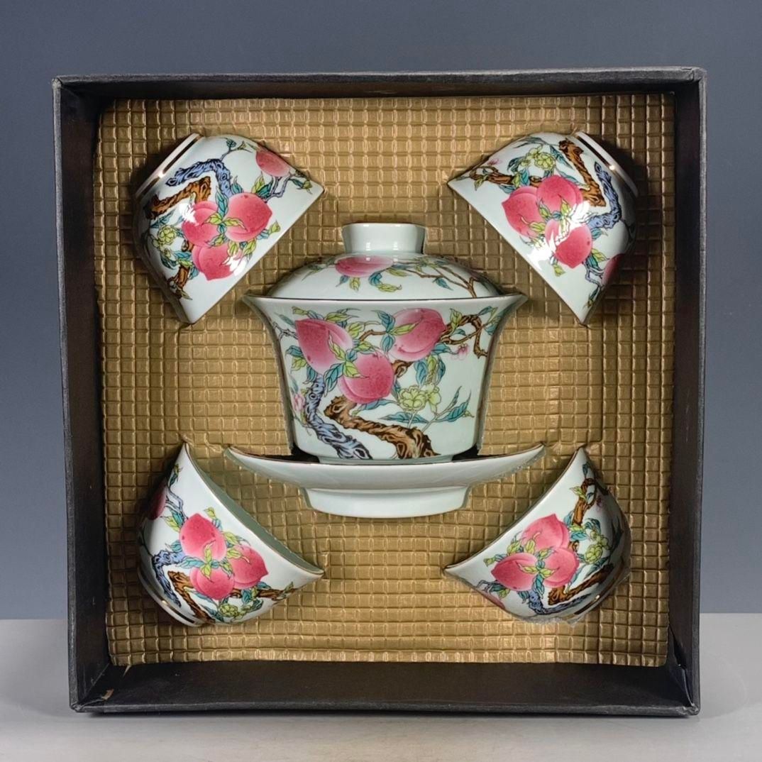 新品 中国美術 粉彩蒔金寿桃三才蓋碗 湯呑 茶器 蓋付 飲茶食器 5
