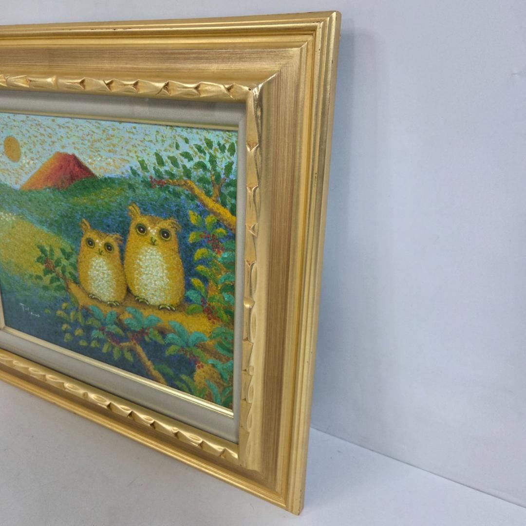 佐野千恵子 『黄金のふくろうと赤富士』油彩画 F6号 縁起物 風水 原画