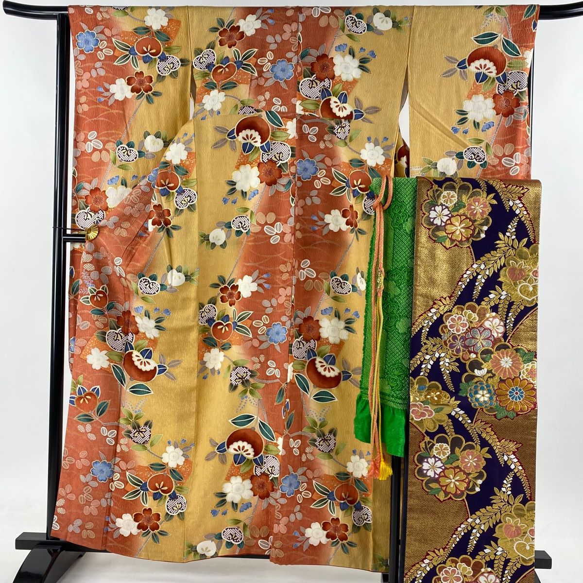 振袖 身丈159.5cm 裄丈65.5cm M 袷 袋帯フルセット 橘 桜 金彩  