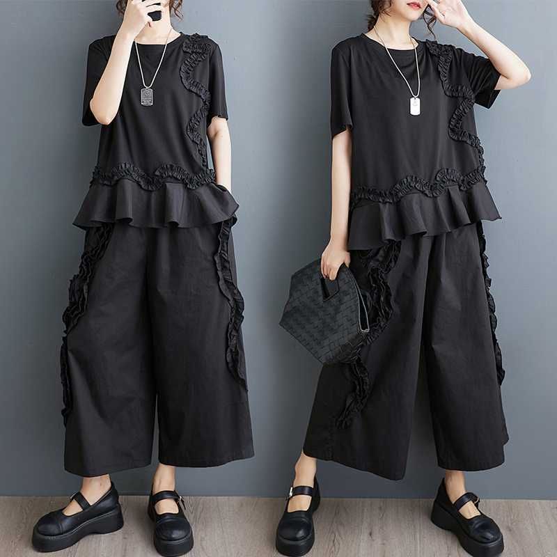モード系 夏新品 上下2セット フリル ブラウス＋ワイドパンツ