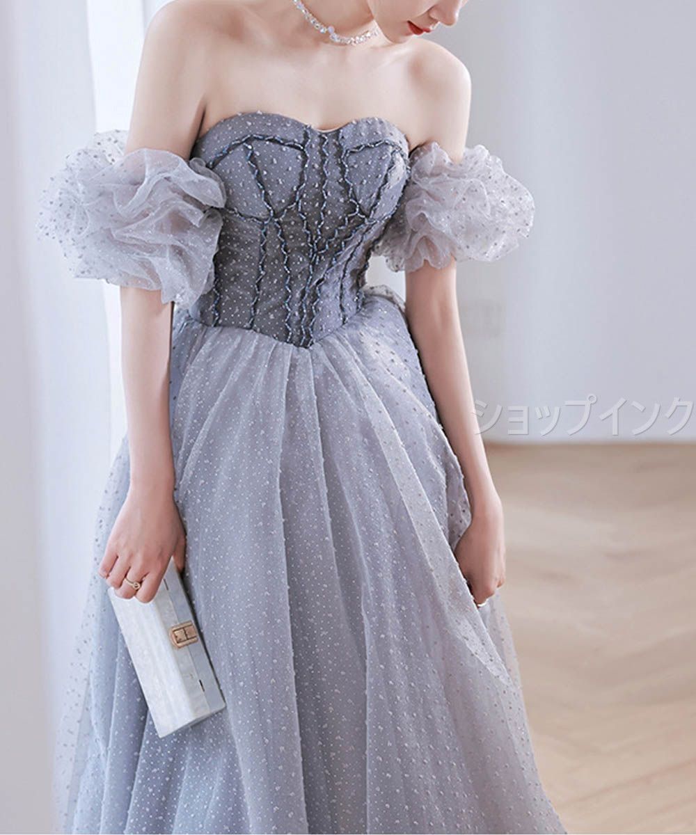 イブニングドレス オフショルダー グレー オフショルダー パフスリーブ way ロングドレス 発表会ドレス ビスチェドレス パーティードレス オシャレ 結婚式ドレス 二次会ドレス