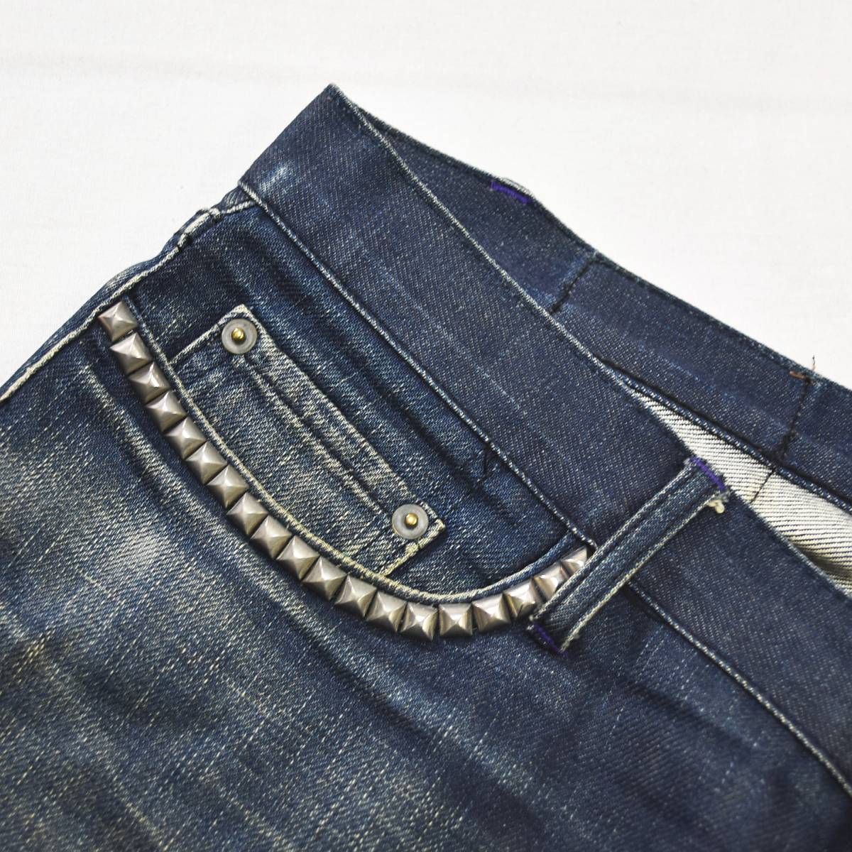 売り切り価格 00s archive ヒステリックグラマー HG Hysteric Glamour ストレッチ ストレート デニム パンツ ジーンズ ジーパン Gパン スタッズ 装飾 ボタンフライ 5ポケット 34 インディゴ Y2K メンズ