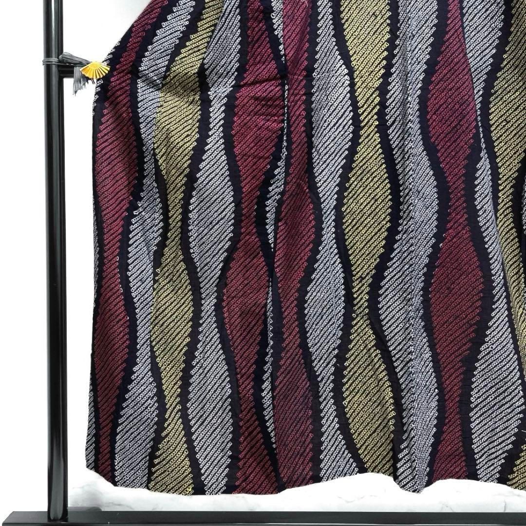 浴衣　有松鳴海絞り　立涌　縦縞　ネイビー　イエロー　レッド　着物　034a d 浴衣 有松鳴海絞り 立涌 縦縞 ネイビー イエロー レッド 着物