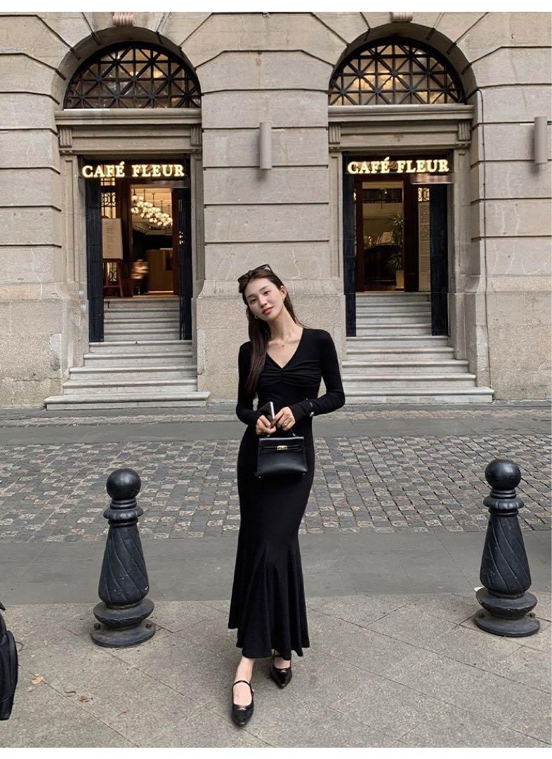 春コーデ ロングVネックワンピース