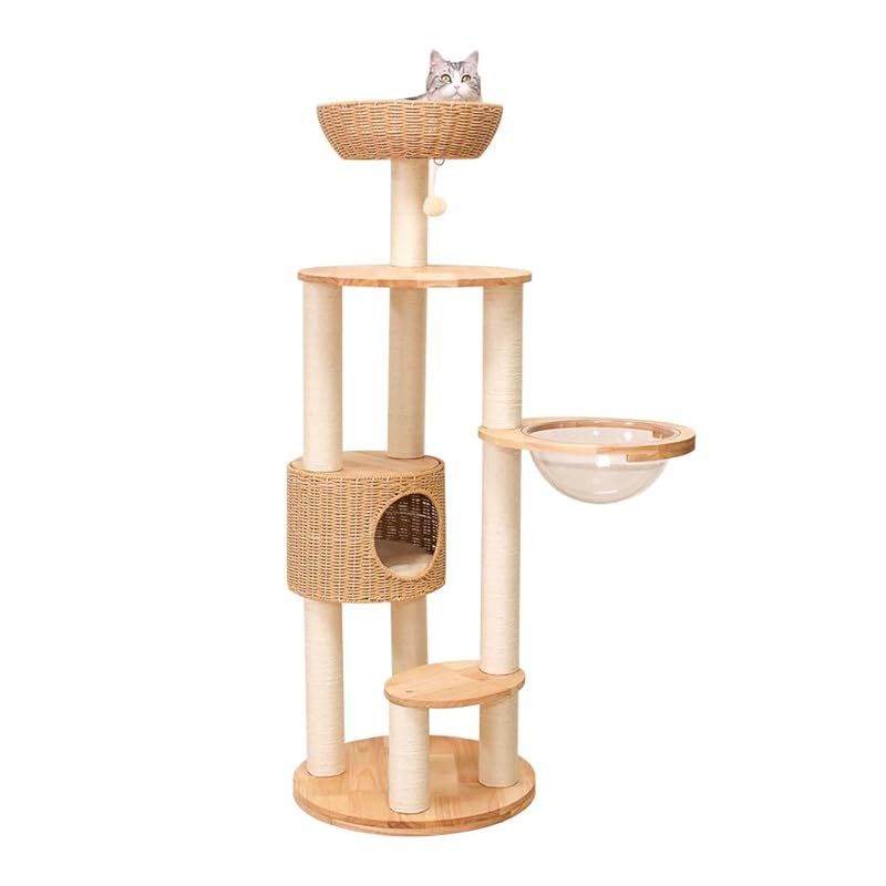 【なになにLife】 ＼2024新モデル／ キャットタワー 木製 天然木 大型 据え置き 大型猫 おしゃれ ラバーウッド 手編み インテリア性 多頭飼い スリム 見晴台付き 猫タワー クリアボウル 中型猫 爪研ぎ ハンモック 宇宙船 高さ145cm 隠れ家 0