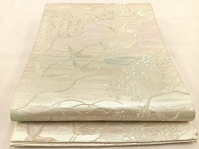 平和屋着物◎六通柄袋帯 飛鶴秋草文 銀糸 正絹 逸品 BAAU2603yc