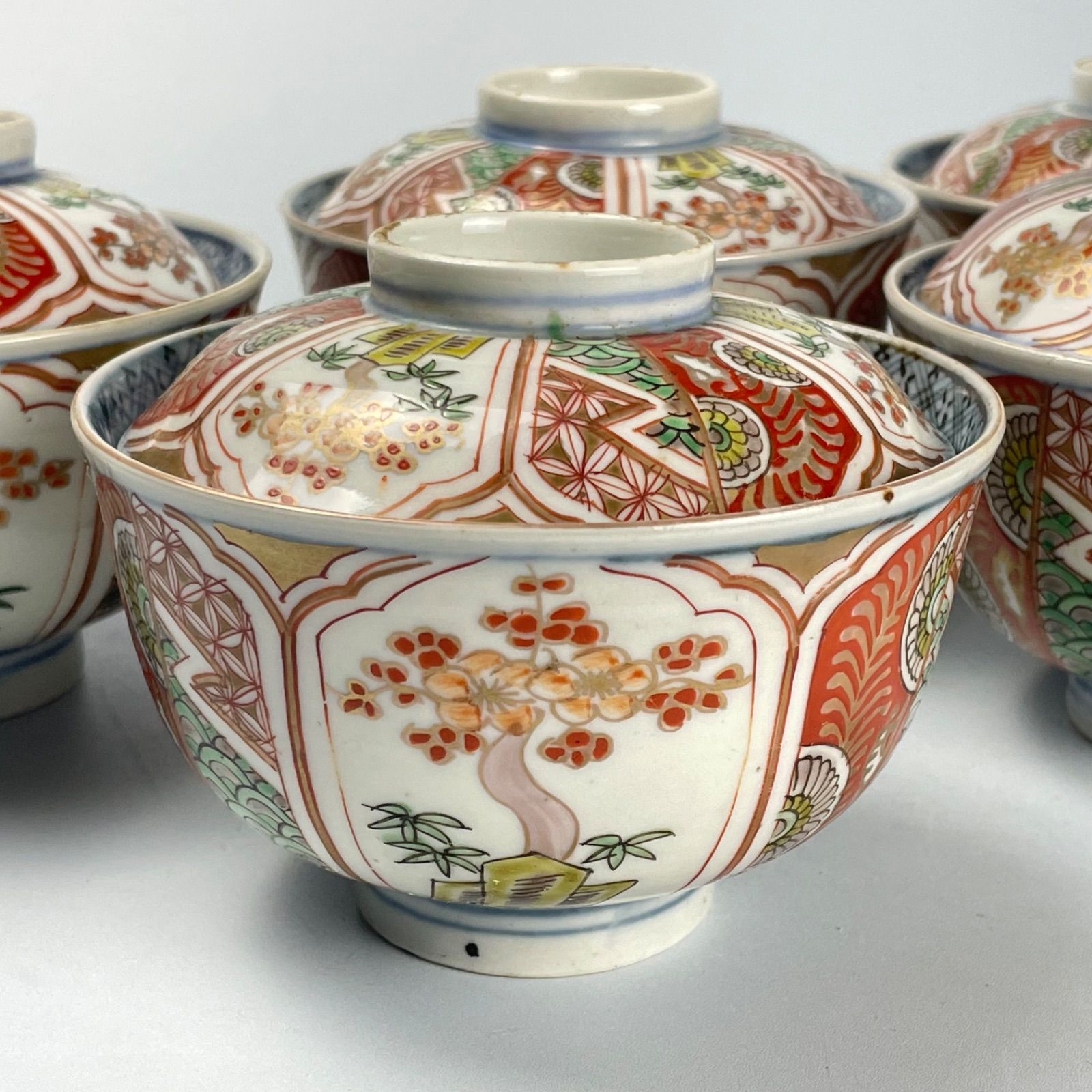 明治 伊万里 蓋付き茶碗 5個 箱付き 色絵 金襴手 古伊万里 骨董 和