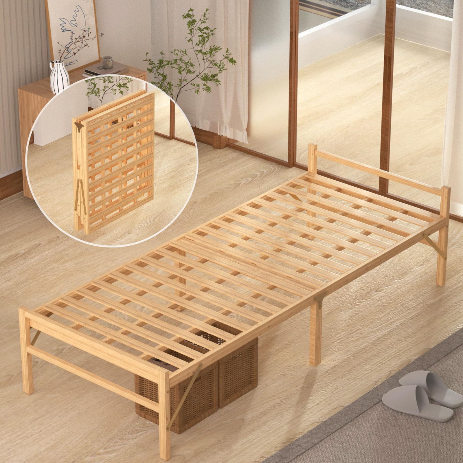APRTAT 折り畳みベッド 竹製 組み立て不要 横幅80cm ベッド ベッドフレーム 耐荷重200kg シングルベッド ナチュラル