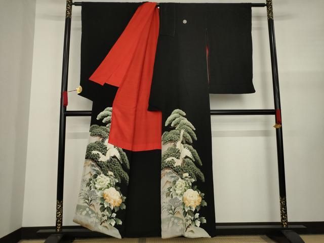 大正ロマン　縮緬　友禅 平和屋着物○アンティーク 大正ロマン 黒留袖 型友禅 両妻 飛鶴