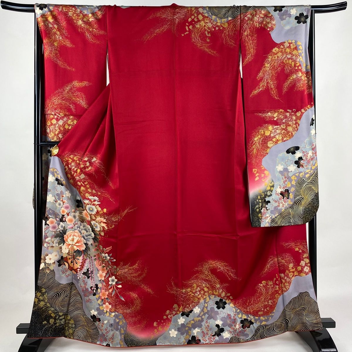 振袖 身丈164.5cm 裄丈65cm M 袷 花車 波 金糸 金彩 赤 正絹 秀