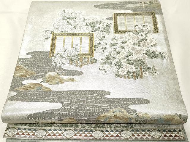 平和屋着物●全通柄袋帯　紬地　型染め　成り物　青海波間道　百入茶色　正絹　逸品　未使用　DAAV9176ob 平和屋着物○全通柄袋帯 紬地 型染め 成り物 青海波間