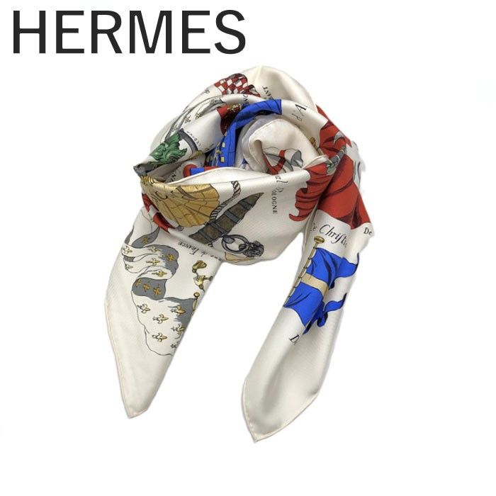 エルメス HERMES スカーフ カレ90 旗 おしゃれ シルク ホワイト ブルー レッド イエロー グリーン