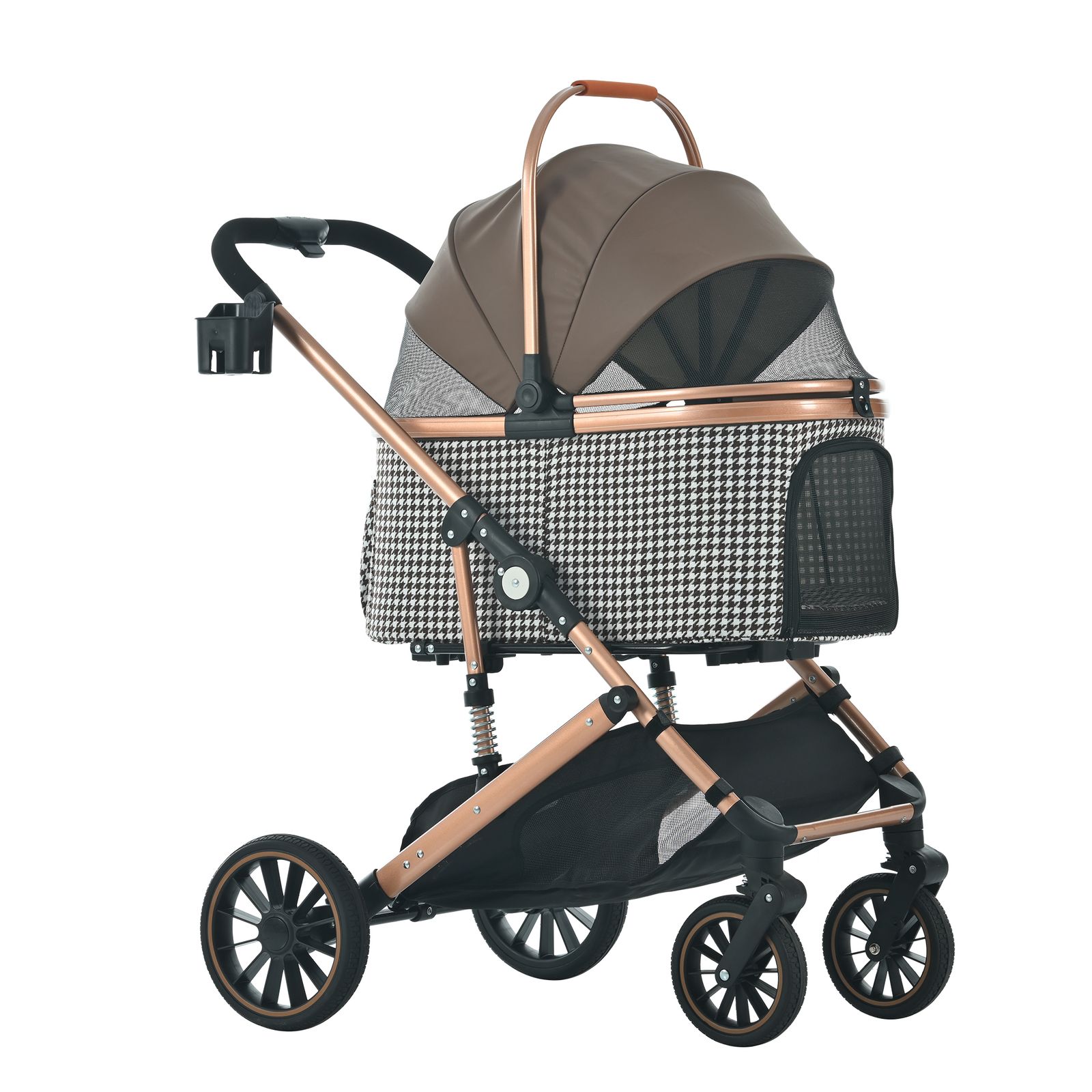15%割 折りたたみ式ペットカート Mサイズ 2way 多頭用 中型犬 小型犬 軽量 アルミ製 ストッパー ダンパー付き 千鳥格子-コーヒー