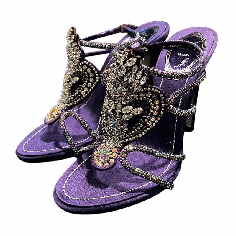 レネカオヴィラ Rene Caovilla ストラップサンダル ハイヒール ラインストーン レザー サテン 36.0 紫 パープル