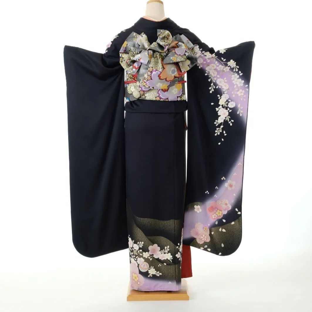 振袖セット 黒 桜 シンプル モダン 7点セット Lサイズ 成人式 結婚式 黒