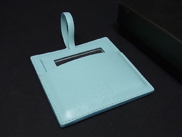 極美品 GUCCI グッチ マイクログッチシマ レザー ミラー 鏡 メンズ レディース ライトブルー系 AR2267 