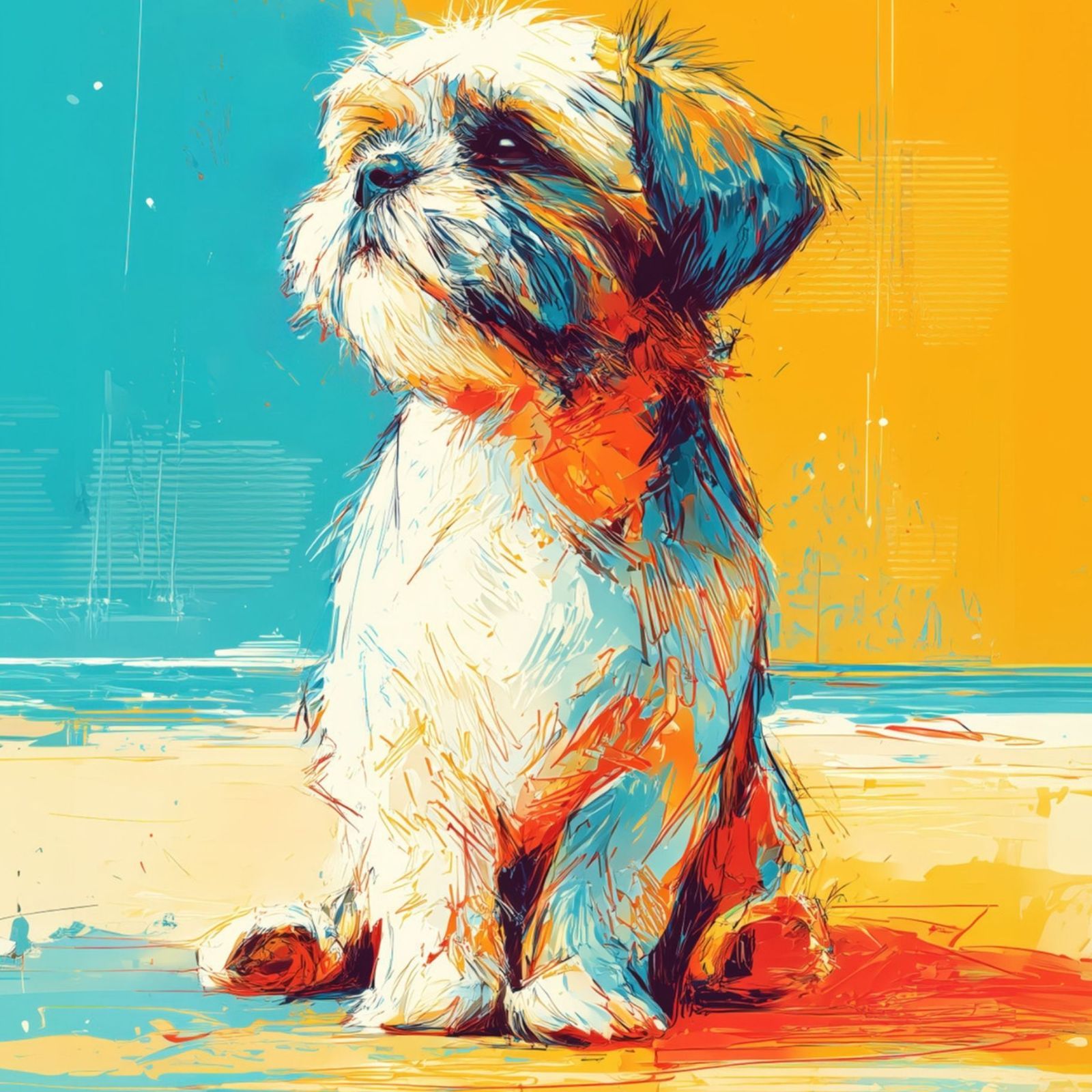 シーズー犬とビーチのスケッチ No.1 海 犬の絵 犬のイラスト おしゃれ ミニマリスト ミニマリズム シンプル インテリアアート ペットロス うちの子 記念日 アートポスター ギフト プレゼント