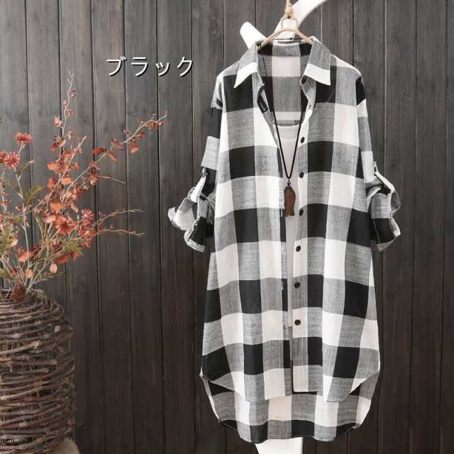 シャツブラウス ロングシャツ チェックブラウス チェック柄 襟付き 長袖 レディース トップス HUG.U シャツ チェック柄 レディース トップス チェック