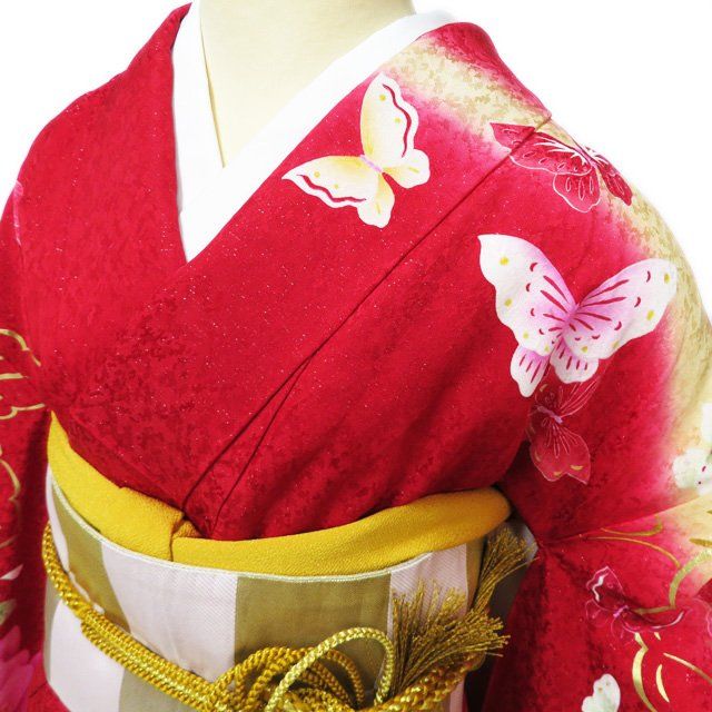 振袖 着物 中古 正絹 刺繍 花模様 蝶 ラメ 銀通し 赤色 多色 金