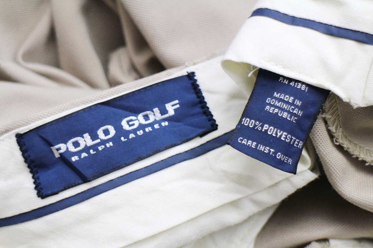 90s POLO GOLF ラルフローレン ツータック スラックス ポリエステルパンツ 濃ベージュ w38 L34★SCP23 オールド トラウザーズ チノパン