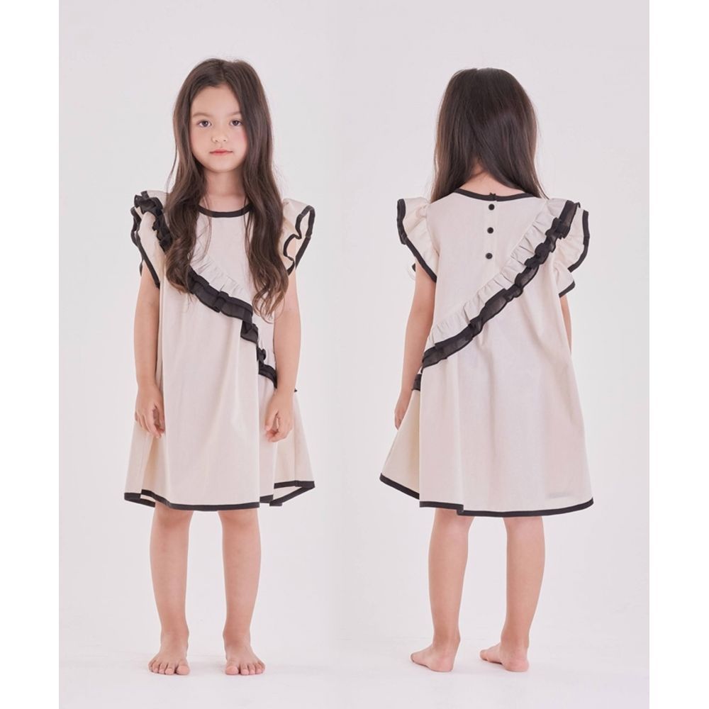 ベージュ  150cm  ダンケワンピース 半袖 ワンピース キッズ 半袖ワンピース 52072201 ワンピ 夏 女の子 綿100 フリル 肩フリル アシンメトリー ノースリーブ 袖なし 大人っぽい レトロ おしゃれ 