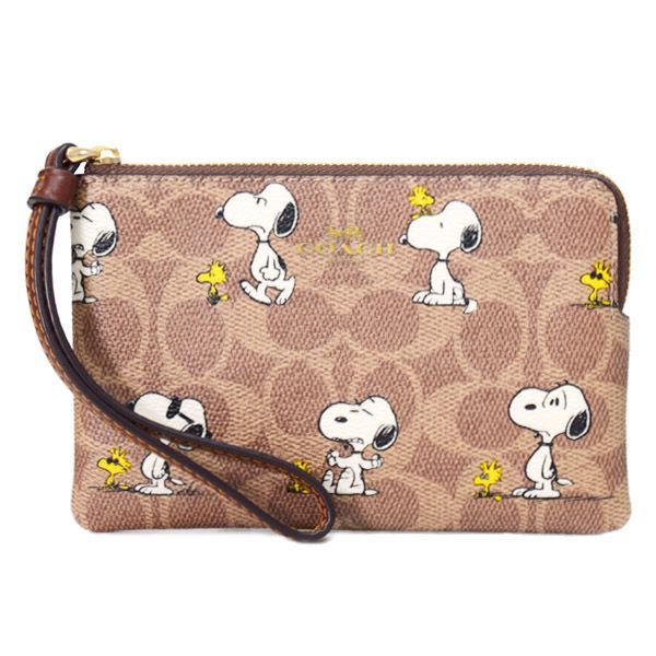 コーチ マルチポーチ スヌーピー COACH レザー シグネチャー ピーナッツ コラボ ウッドストック プリント コーナー ジップ リストレット ポーチ タン ブラウンマルチ CBS 82